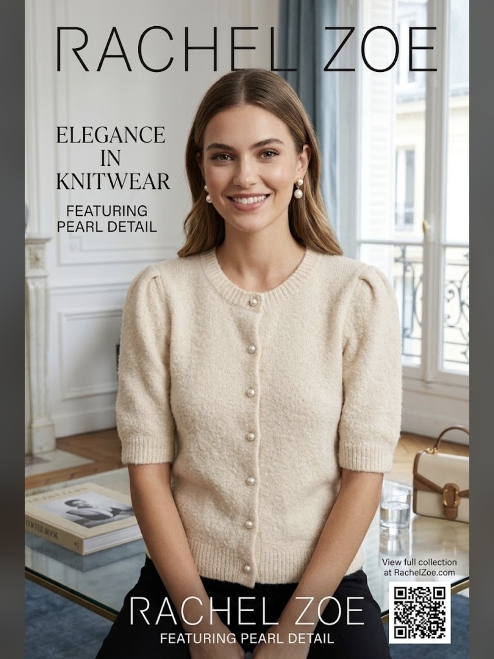 Rachel Zoe Cream Pearl-Button Short-Sleeve Cardigan